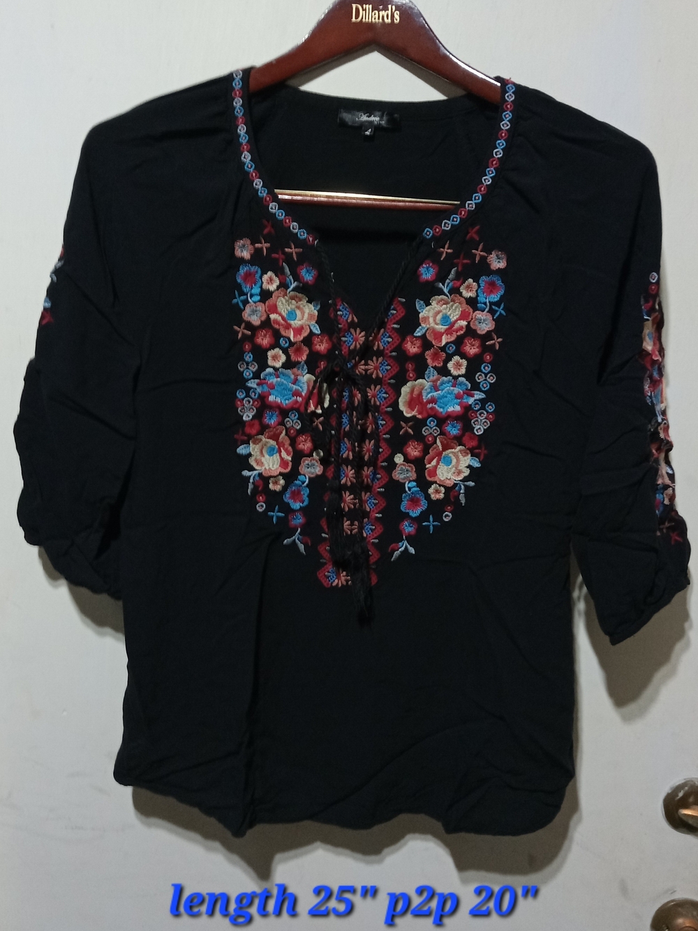 ANDREE BY UNIT Black Embroidered Tie-Neck Peasant Tunic